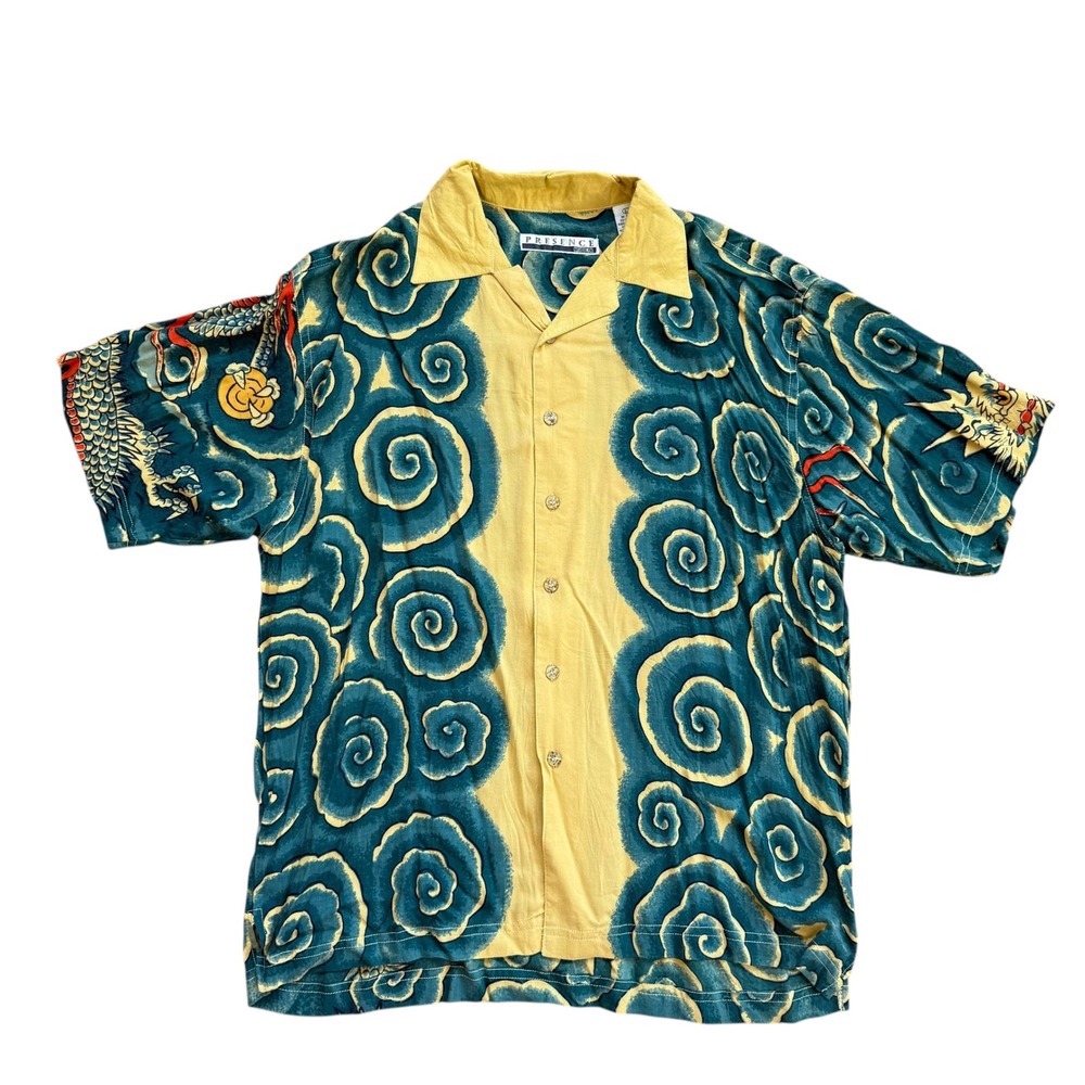 Presence Clothing Co Mens Dragon Cloud Print Rayon‎ Camp Shirt Teal Yellow Large